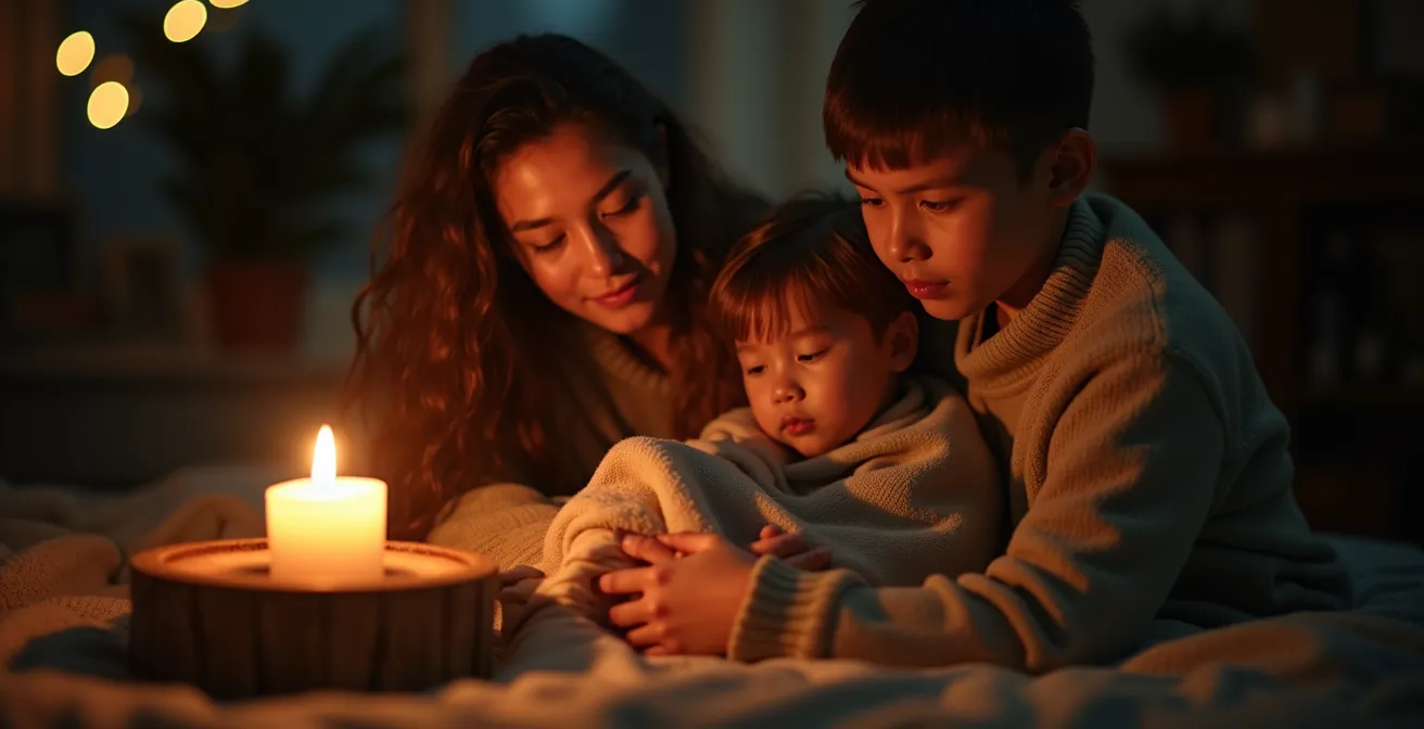Famille réunie apaisant un enfant pendant une coupure d'électricité