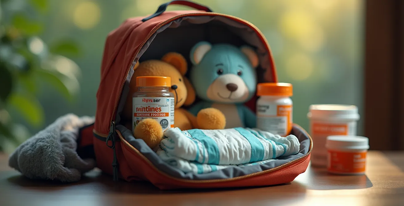 Kit d'urgence avec articles pour enfant et animal de compagnie