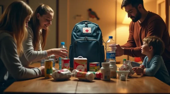Famille préparant ensemble un kit d'urgence sur une table