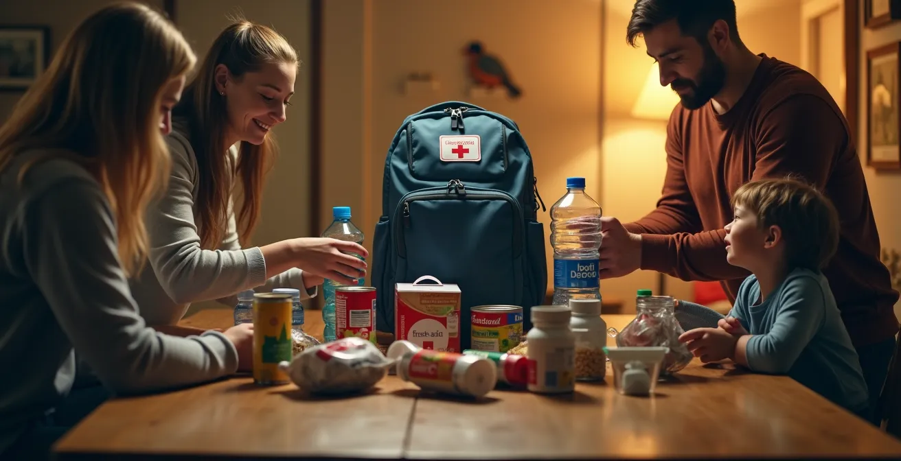 Famille préparant ensemble un kit d'urgence sur une table