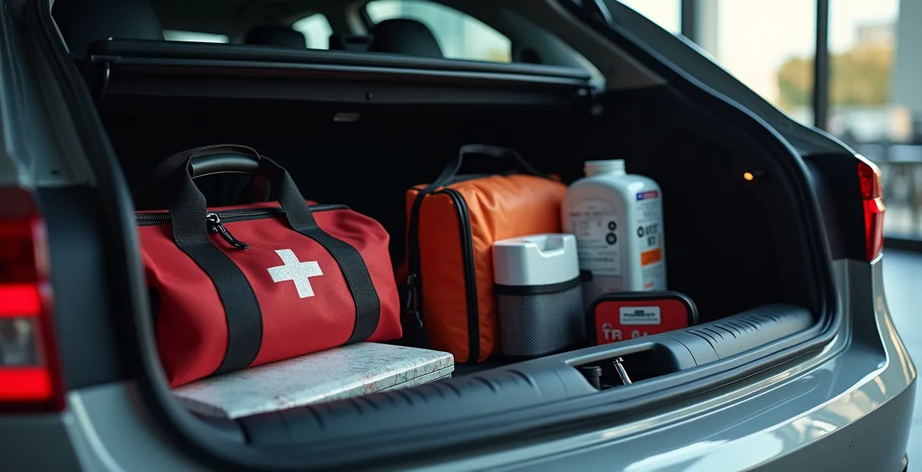 Petits kits d’urgence dans une voiture et un sac de travail