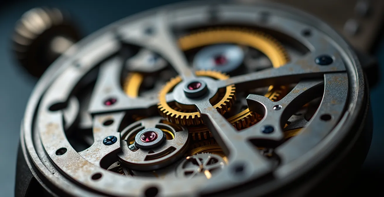 Détail macro d'un mécanisme de montre avec systèmes redondants